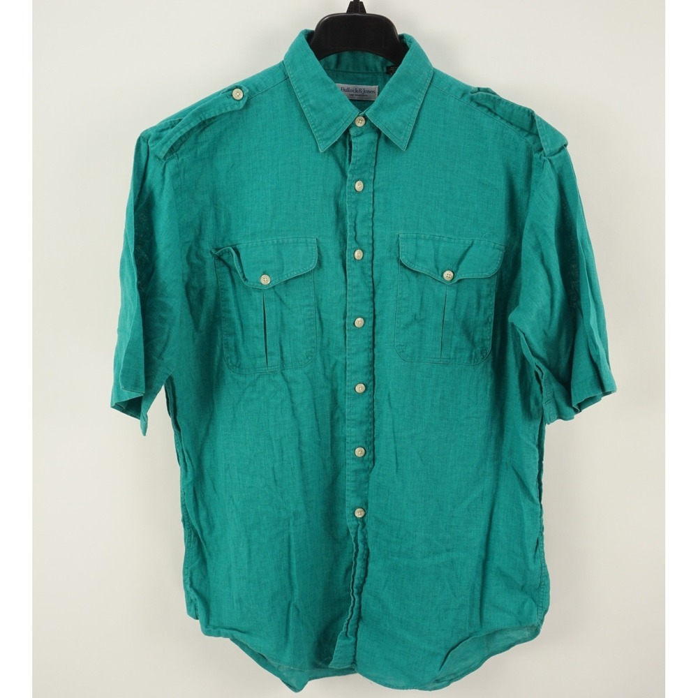 Vintage Bullock & Jones Linen Blend Safari Shirt Men's Large Teal Blue Epaulets
